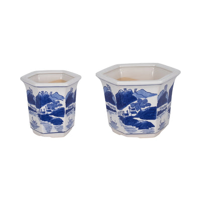 Cer, S/2 6/8" Fluted Chinoiserie Planters,blue/wht - Al Rugaib Furniture