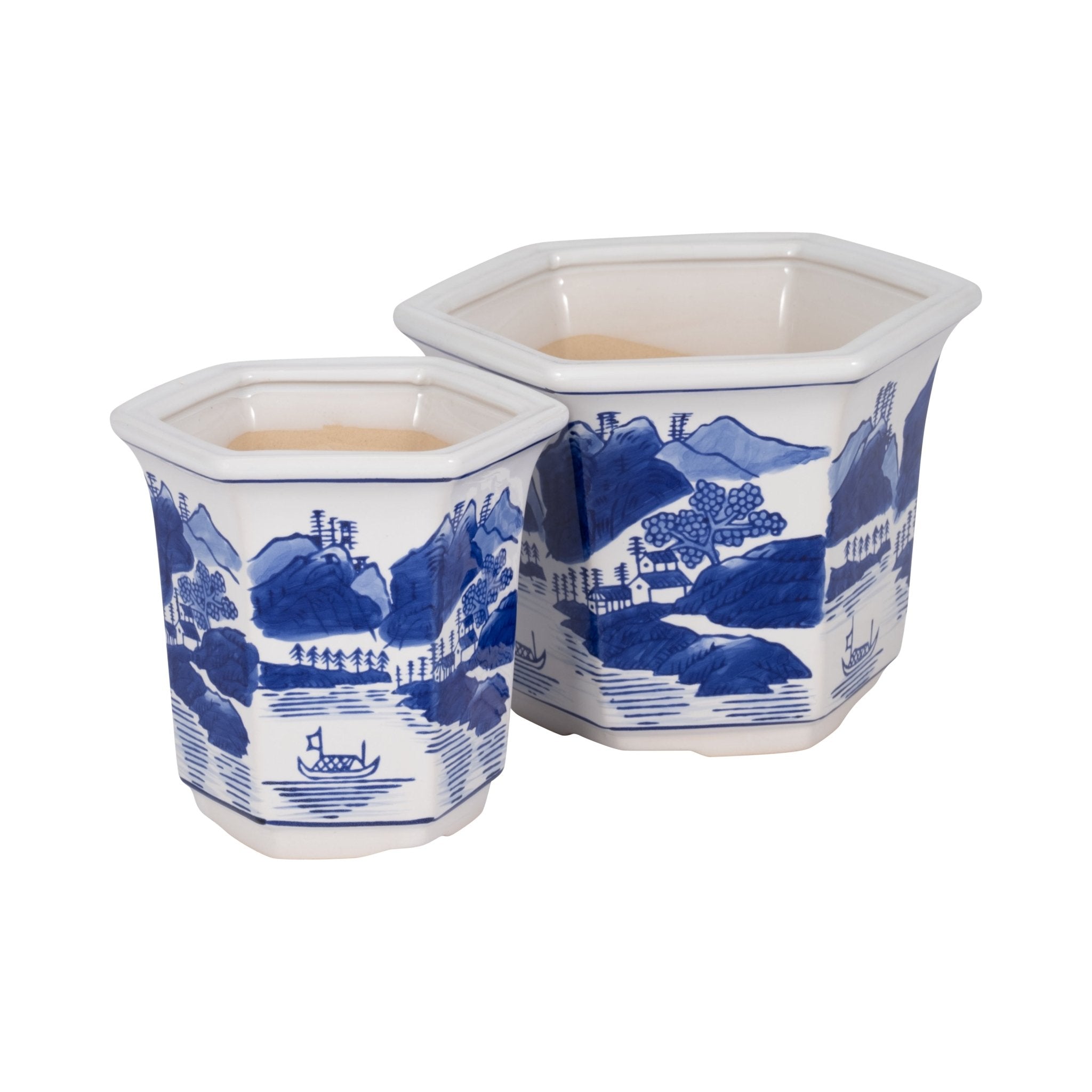 Cer, S/2 6/8" Fluted Chinoiserie Planters,blue/wht Outdoor Planters| Sagebrook Home