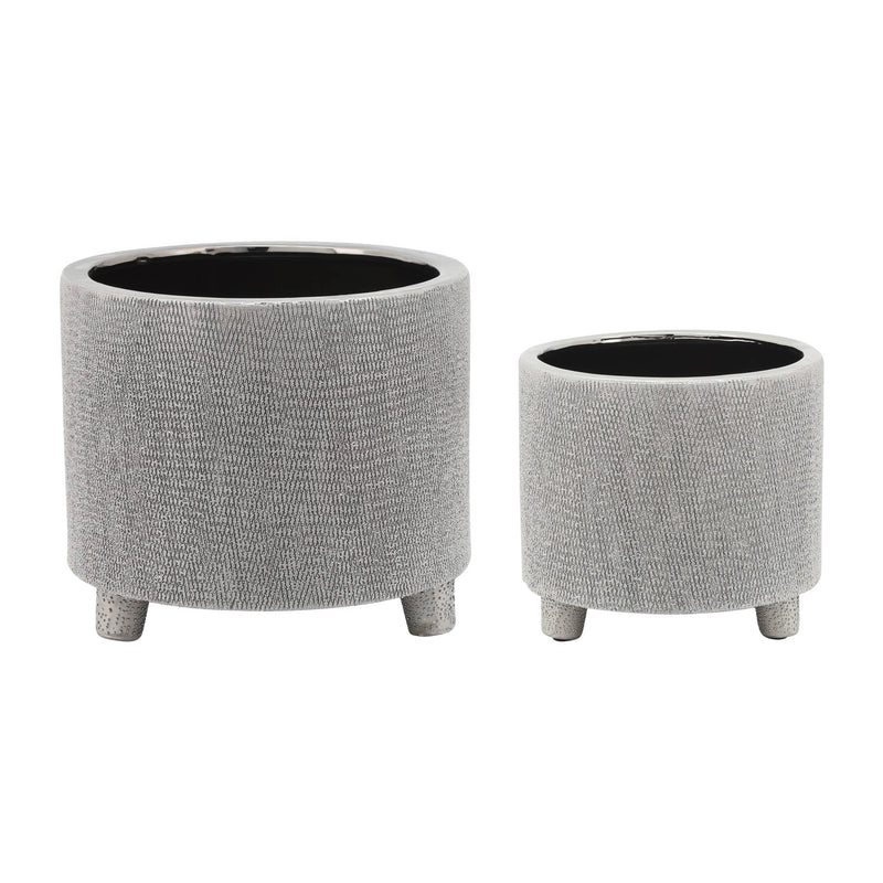 CER, S/2 6/8" FOOTED SCRATCHED PLANTERS, SILVER - Al Rugaib Furniture