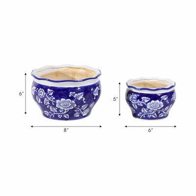 Cer, S/2 6/8" Round Chinoisere Planters, Blue/wht - Al Rugaib Furniture