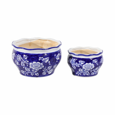 Cer, S/2 6/8" Round Chinoisere Planters, Blue/wht - Al Rugaib Furniture