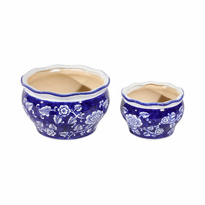 Cer, S/2 6/8" Round Chinoisere Planters, Blue/wht - Al Rugaib Furniture