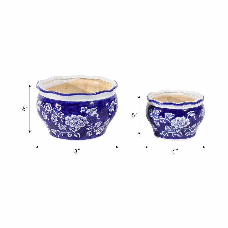 Cer, S/2 6/8" Round Chinoisere Planters, Blue/wht - Al Rugaib Furniture