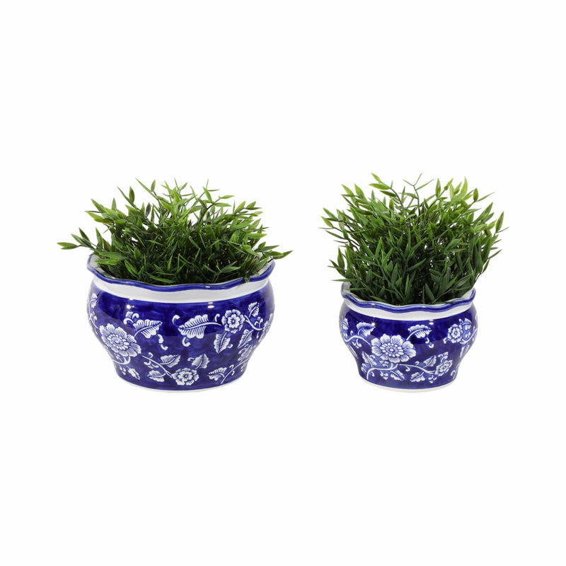 Cer, S/2 6/8" Round Chinoisere Planters, Blue/wht - Al Rugaib Furniture
