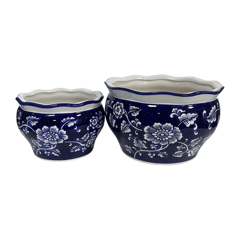 Cer, S/2 6/8" Round Chinoisere Planters, Blue/wht - Al Rugaib Furniture