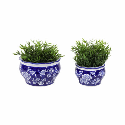 Cer, S/2 6/8" Round Chinoisere Planters, Blue/wht - Al Rugaib Furniture