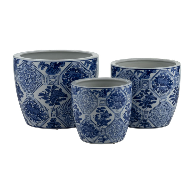 CER, S/3 6/8/10" CHINOISERIE PLANTERS, BLUE/WHITE - Al Rugaib Furniture