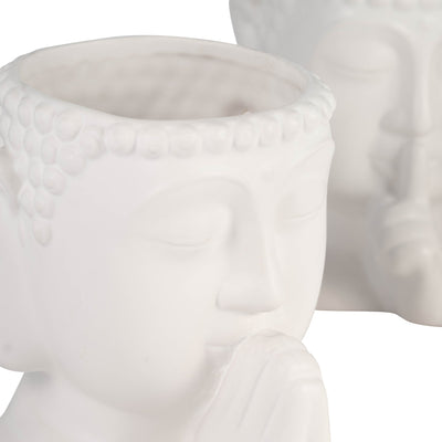 Cer, S/3 7"h Buddha Head Planters, White - Al Rugaib Furniture