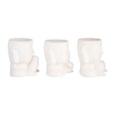 Cer, S/3 7"h Buddha Head Planters, White - Al Rugaib Furniture