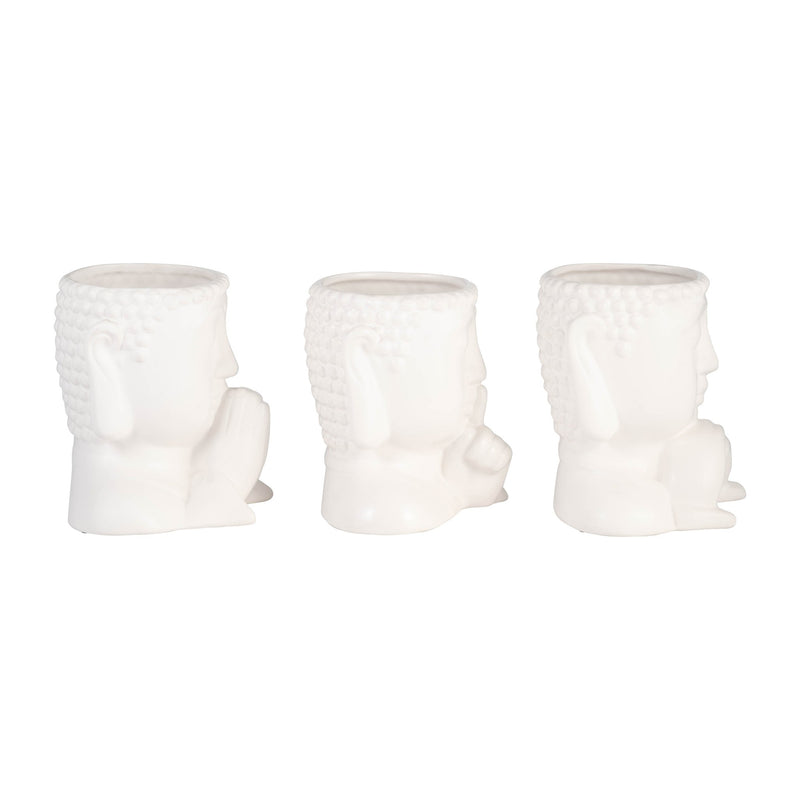 Cer, S/3 7"h Buddha Head Planters, White - Al Rugaib Furniture