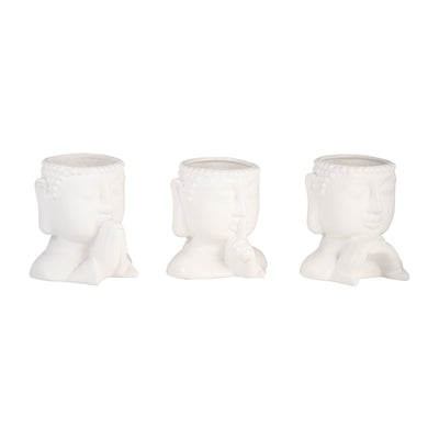 Cer, S/3 7"h Buddha Head Planters, White - Al Rugaib Furniture