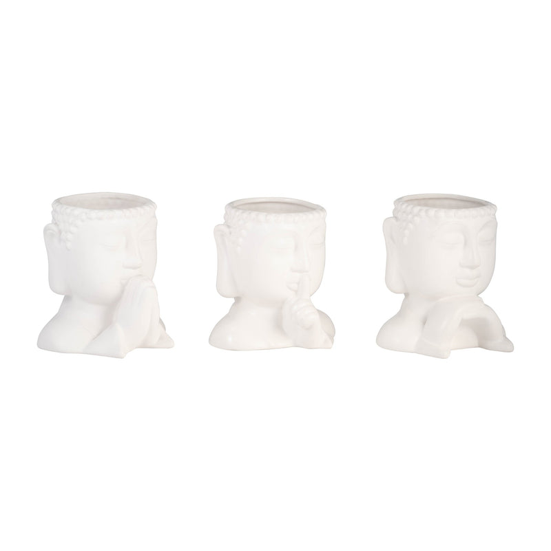 Cer, S/3 7"h Buddha Head Planters, White - Al Rugaib Furniture