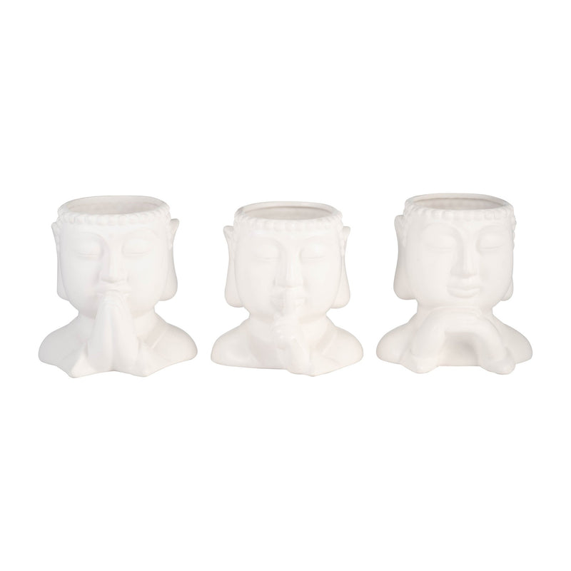 Cer, S/3 7"h Buddha Head Planters, White - Al Rugaib Furniture