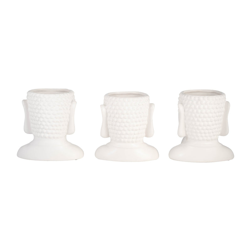 Cer, S/3 7"h Buddha Head Planters, White - Al Rugaib Furniture