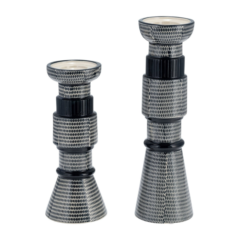 CER,12"DOTTED PILLAR CANDLE HOLDER,NVY BLUE/COTTON - Al Rugaib Furniture