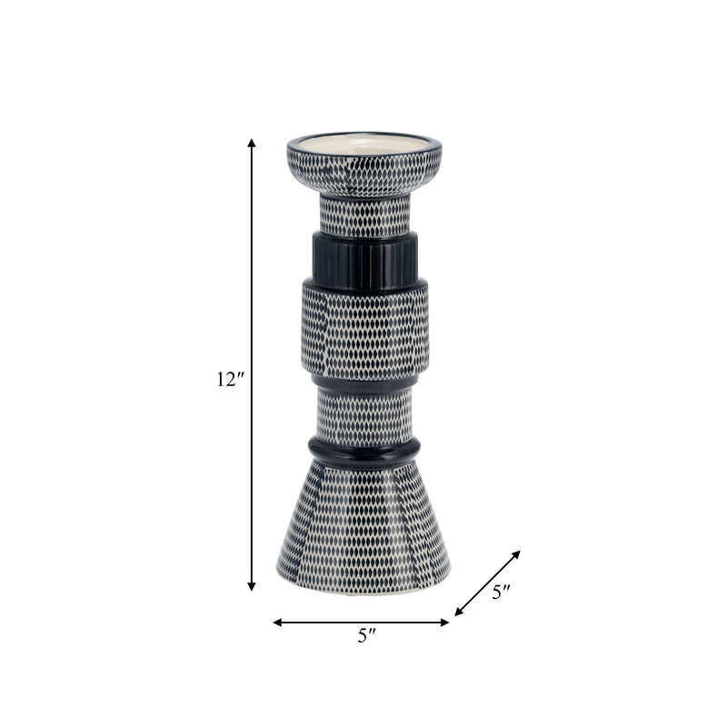 CER,12"DOTTED PILLAR CANDLE HOLDER,NVY BLUE/COTTON - Al Rugaib Furniture