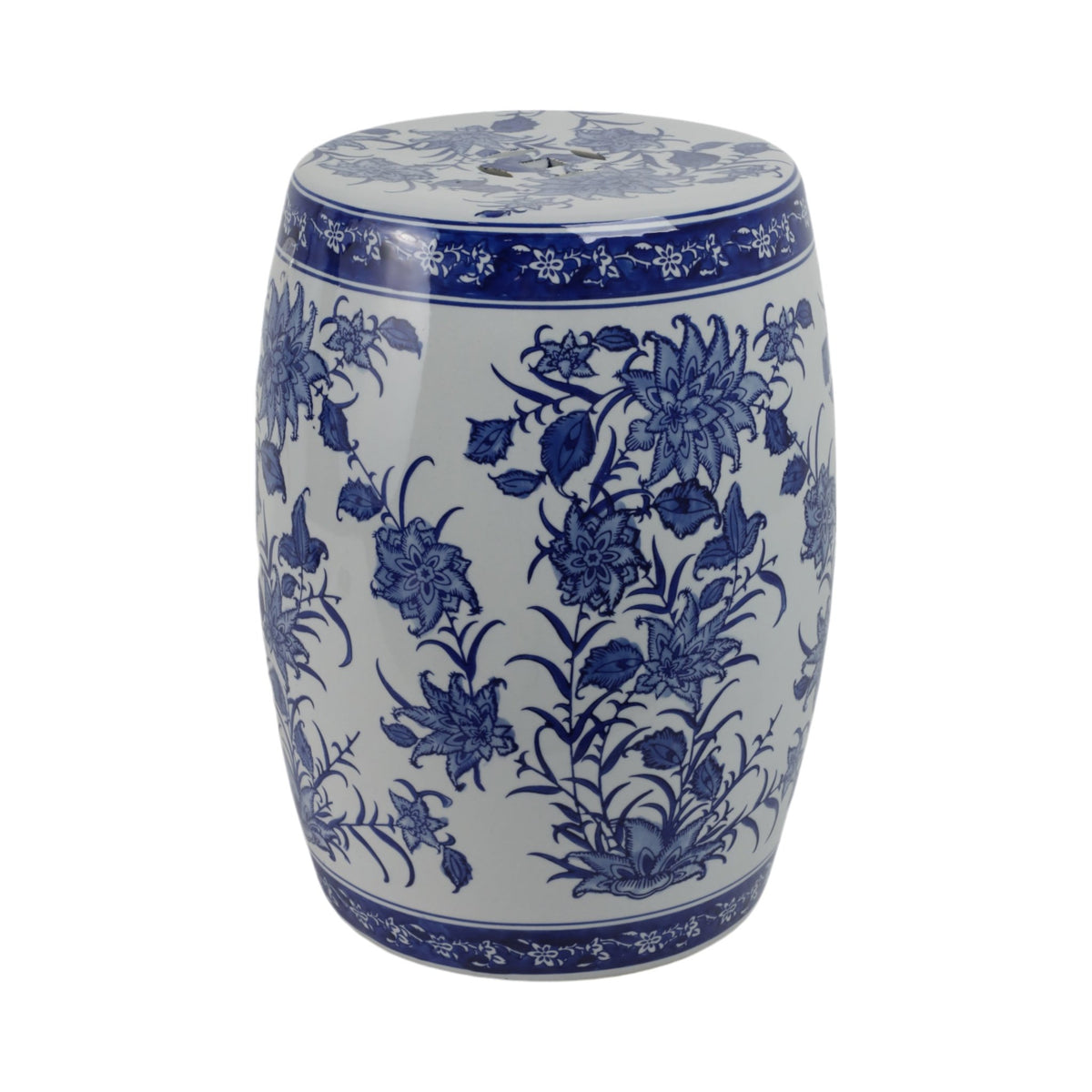 Cer,18" Pinwheel Flower Chinoiserie Stool,blu/wht Stools| Sagebrook Home