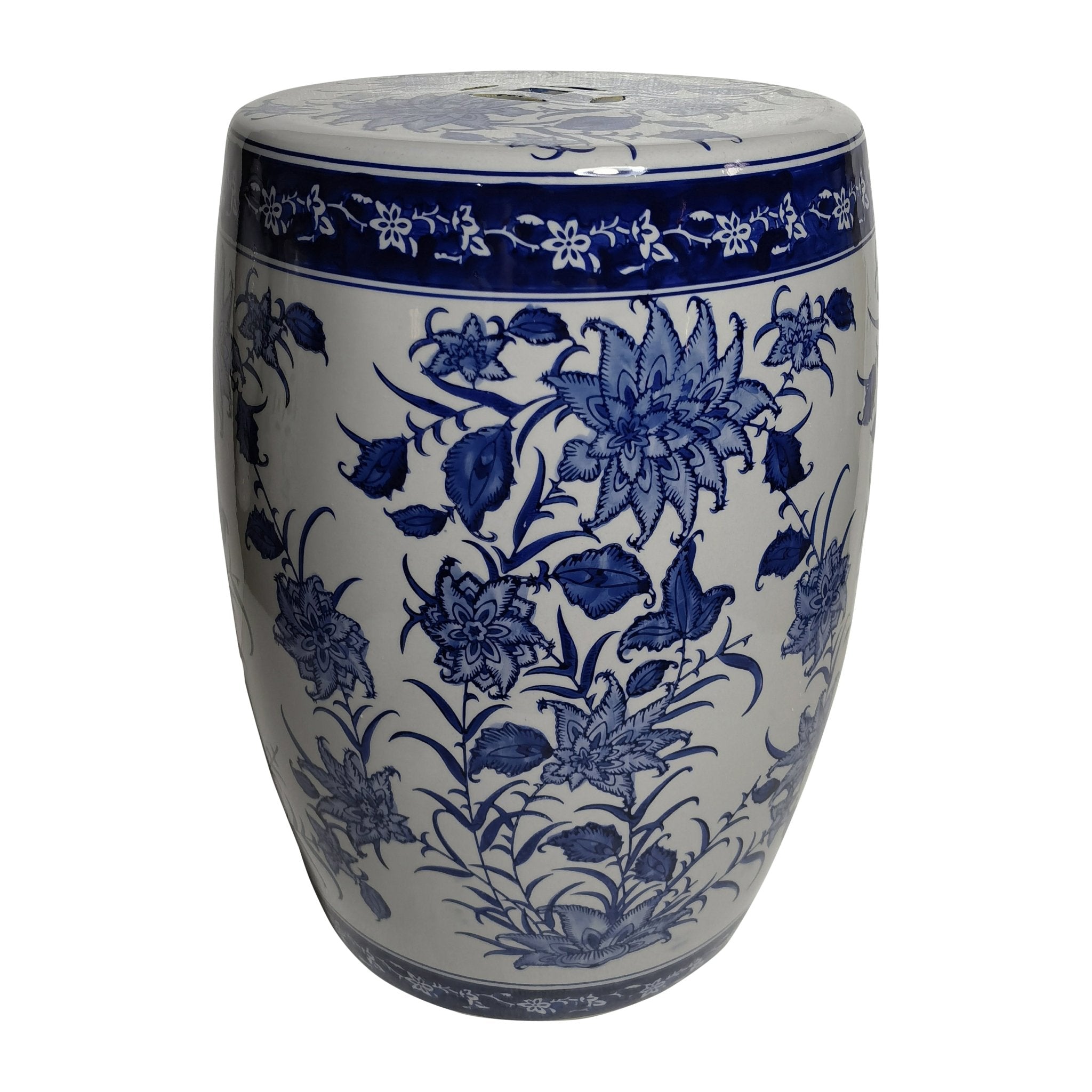 Cer,18" Pinwheel Flower Chinoiserie Stool,blu/wht Stools| Sagebrook Home