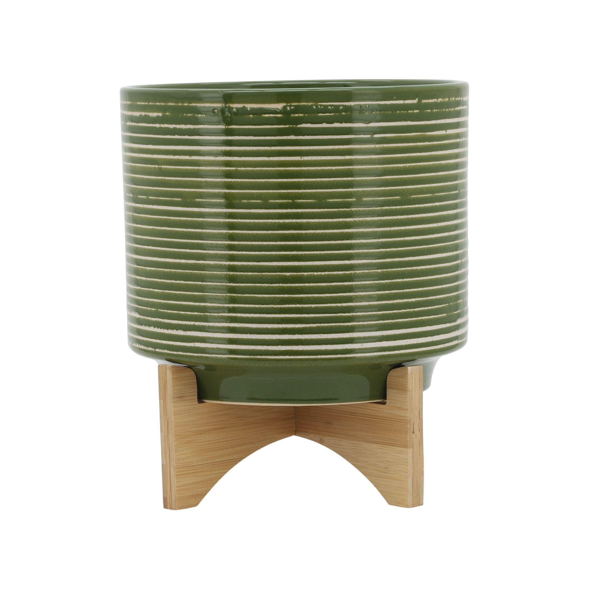CERAMIC 10" PLANTER ON WOODEN STAND, OLIVE Outdoor Planters| Sagebrook Home