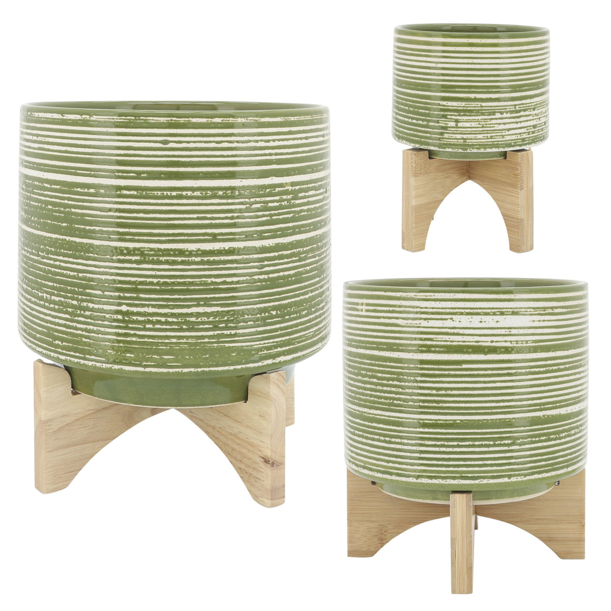CERAMIC 10" PLANTER ON WOODEN STAND, OLIVE Outdoor Planters| Sagebrook Home