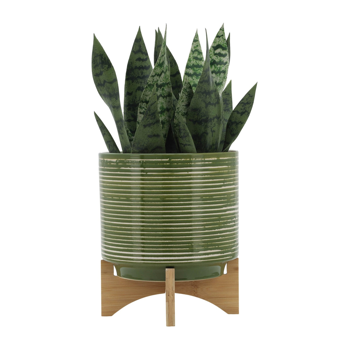 CERAMIC 10" PLANTER ON WOODEN STAND, OLIVE Outdoor Planters| Sagebrook Home