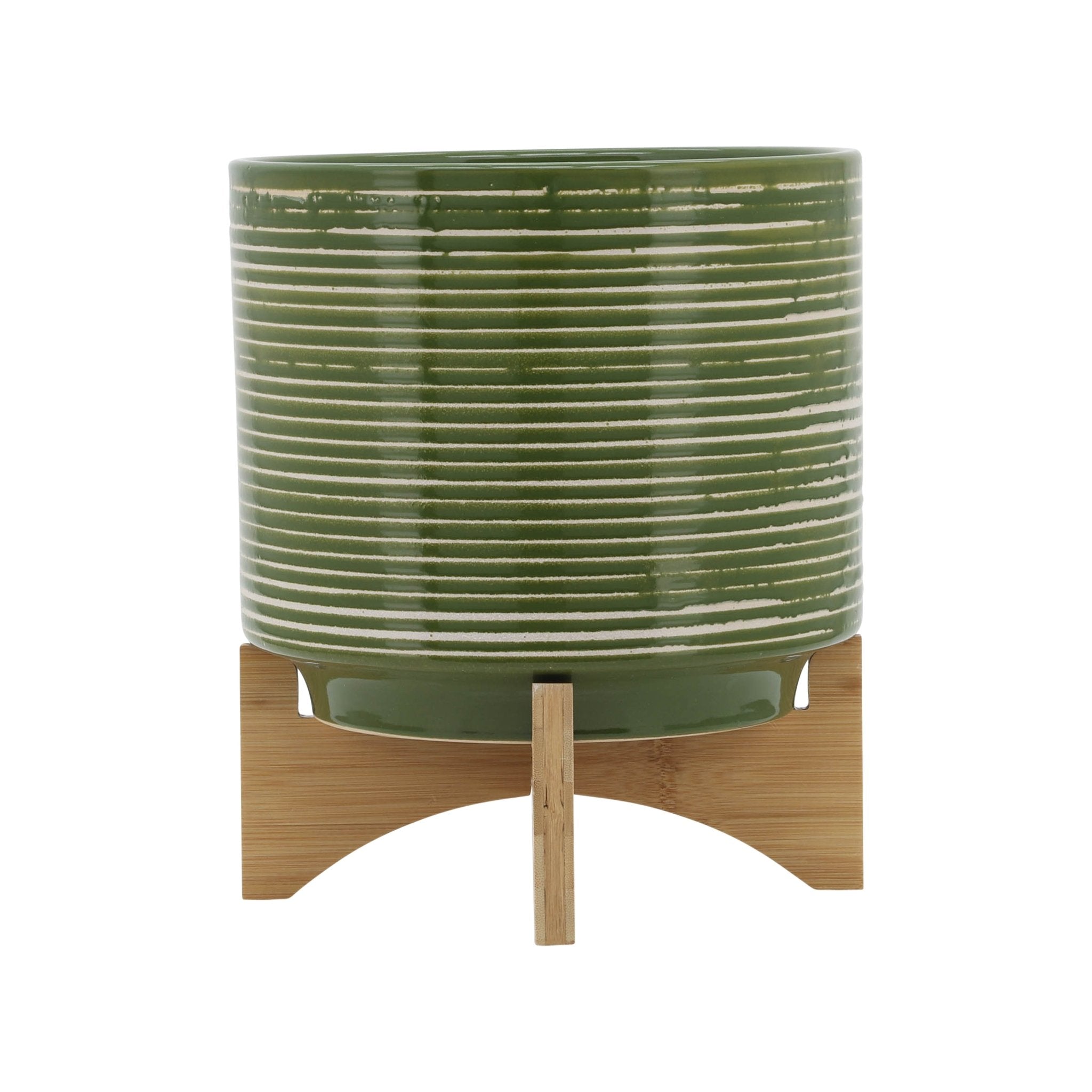 CERAMIC 10" PLANTER ON WOODEN STAND, OLIVE Outdoor Planters| Sagebrook Home