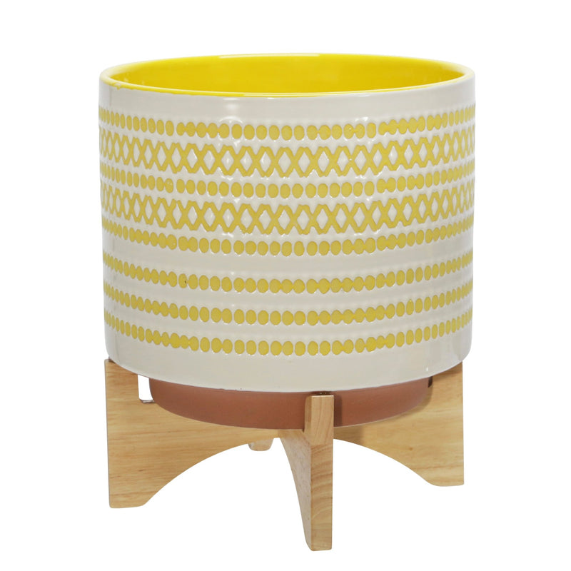 CERAMIC 11" PLANTER ON STAND W/ DOTS, YELLOW - Al Rugaib Furniture