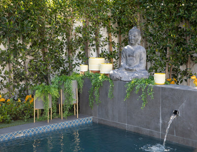 CERAMIC 11" PLANTER ON STAND W/ DOTS, YELLOW - Al Rugaib Furniture