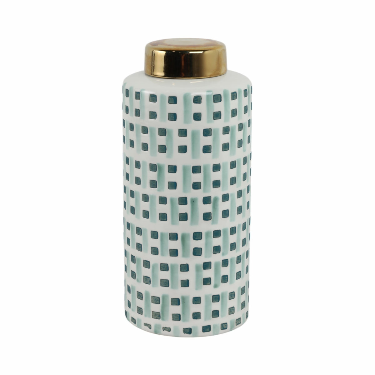 CERAMIC 13" JAR WITH GOLD LID, GREEN/WHITE Vases and Jars| Sagebrook Home