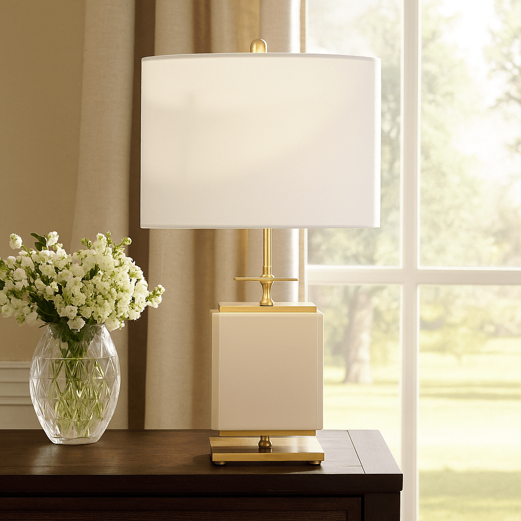 CERAMIC 28" SQUARE TABLE LAMP,WHITE/GOLD Table Lamps| Sagebrook Home