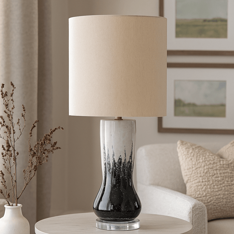 CERAMIC 34" TALL URN ATBLE LAMP, BLACK/WHITE - Al Rugaib Furniture
