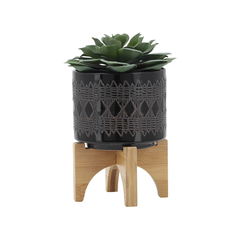 CERAMIC 5" AZTEC PLANTER ON WOODEN STAND, BLACK - Al Rugaib Furniture