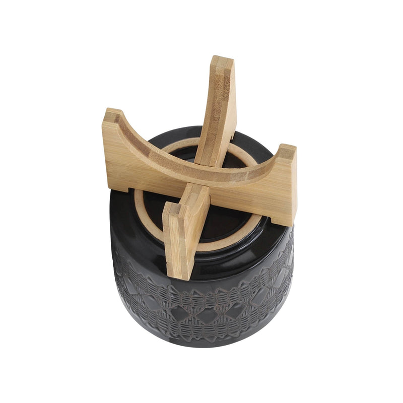 CERAMIC 5" AZTEC PLANTER ON WOODEN STAND, BLACK - Al Rugaib Furniture