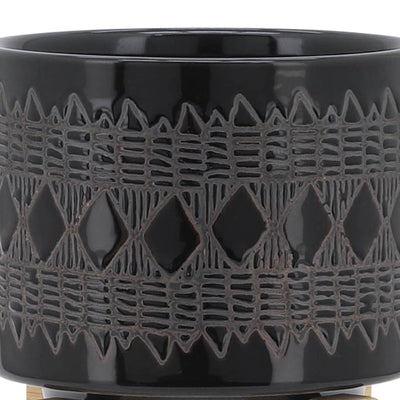 CERAMIC 5" AZTEC PLANTER ON WOODEN STAND, BLACK - Al Rugaib Furniture