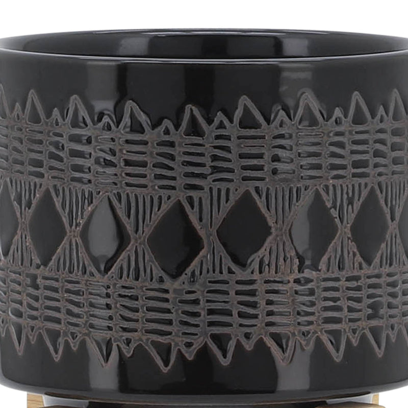 CERAMIC 5" AZTEC PLANTER ON WOODEN STAND, BLACK - Al Rugaib Furniture