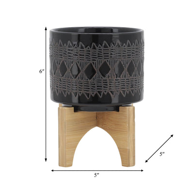 CERAMIC 5" AZTEC PLANTER ON WOODEN STAND, BLACK - Al Rugaib Furniture