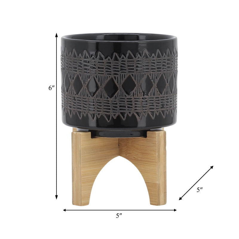 CERAMIC 5" AZTEC PLANTER ON WOODEN STAND, BLACK - Al Rugaib Furniture