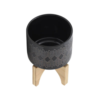 CERAMIC 5" AZTEC PLANTER ON WOODEN STAND, BLACK - Al Rugaib Furniture