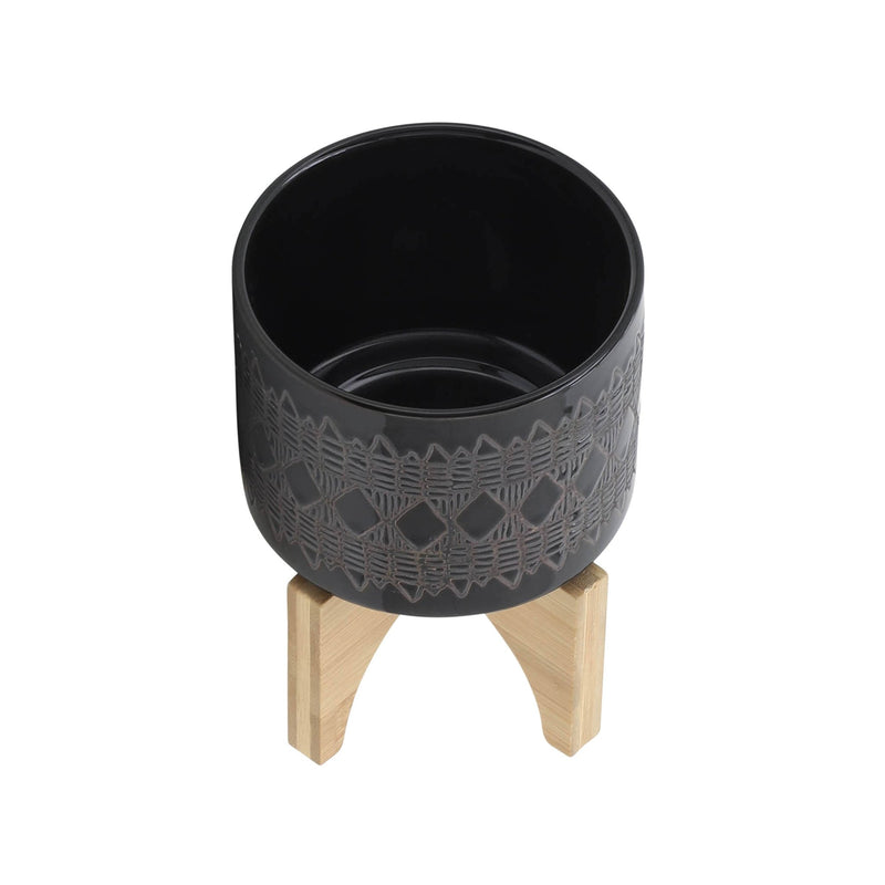 CERAMIC 5" AZTEC PLANTER ON WOODEN STAND, BLACK - Al Rugaib Furniture