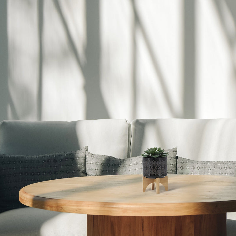 CERAMIC 5" AZTEC PLANTER ON WOODEN STAND, BLACK - Al Rugaib Furniture