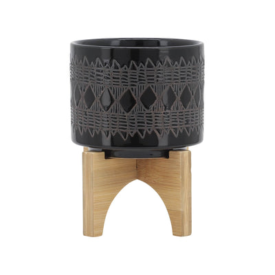 CERAMIC 5" AZTEC PLANTER ON WOODEN STAND, BLACK - Al Rugaib Furniture