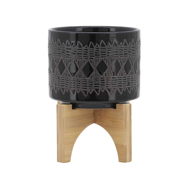 CERAMIC 5" AZTEC PLANTER ON WOODEN STAND, BLACK - Al Rugaib Furniture