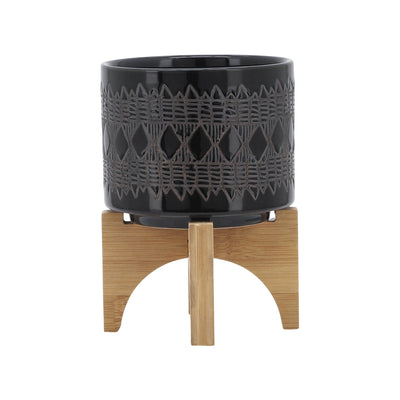 CERAMIC 5" AZTEC PLANTER ON WOODEN STAND, BLACK - Al Rugaib Furniture
