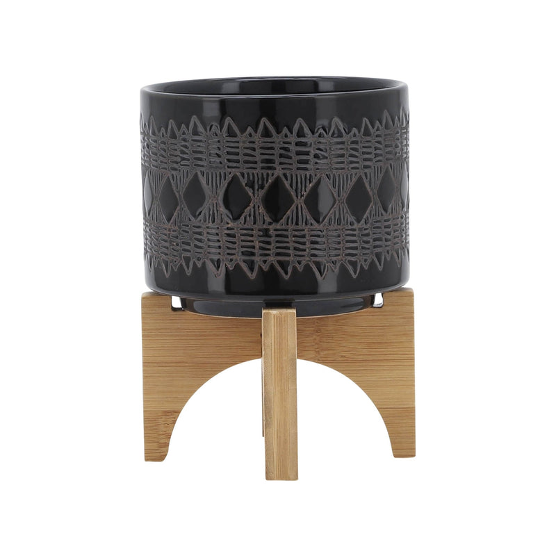 CERAMIC 5" AZTEC PLANTER ON WOODEN STAND, BLACK - Al Rugaib Furniture