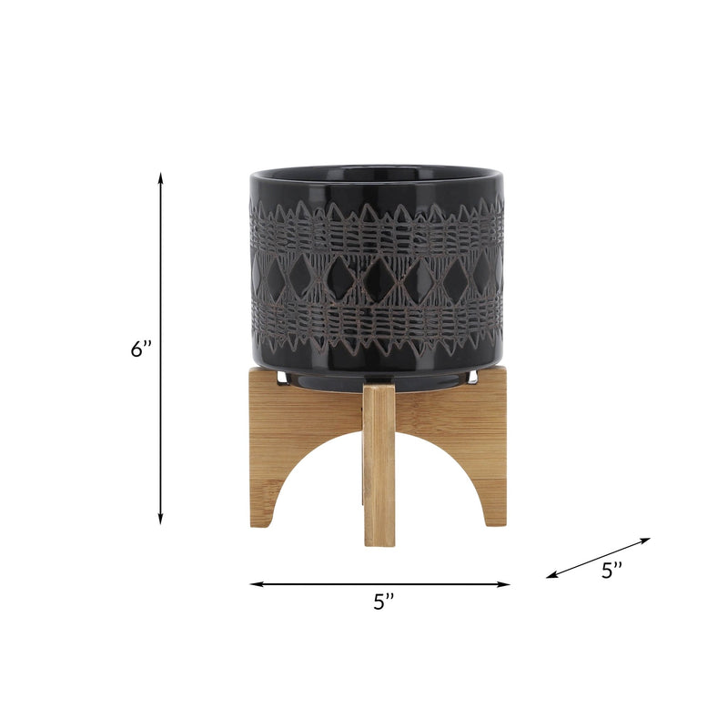 CERAMIC 5" AZTEC PLANTER ON WOODEN STAND, BLACK - Al Rugaib Furniture
