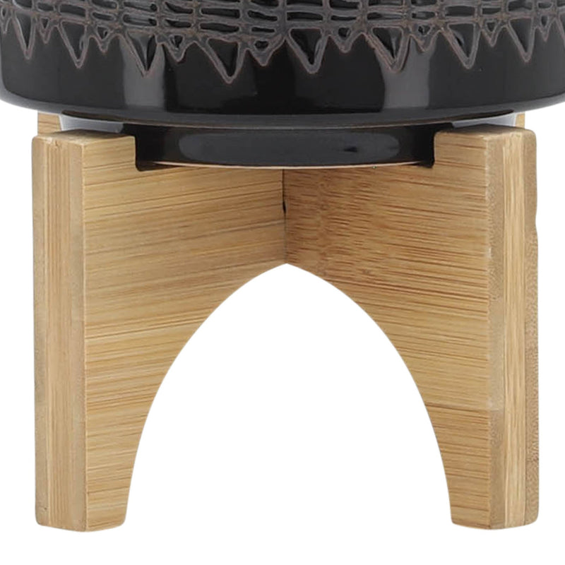 CERAMIC 5" AZTEC PLANTER ON WOODEN STAND, BLACK - Al Rugaib Furniture
