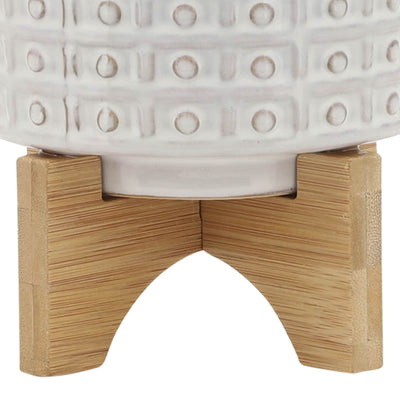 CERAMIC 5" DOTTED PLANTER W/WOOD STAND, IVORY - Al Rugaib Furniture