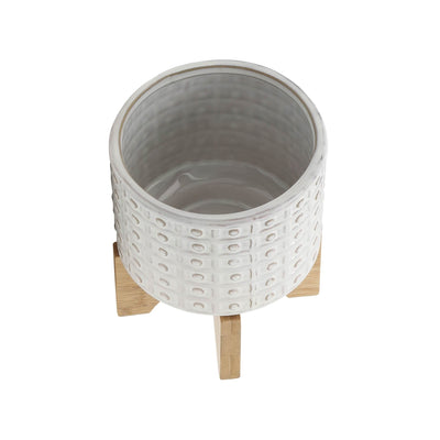 CERAMIC 5" DOTTED PLANTER W/WOOD STAND, IVORY - Al Rugaib Furniture