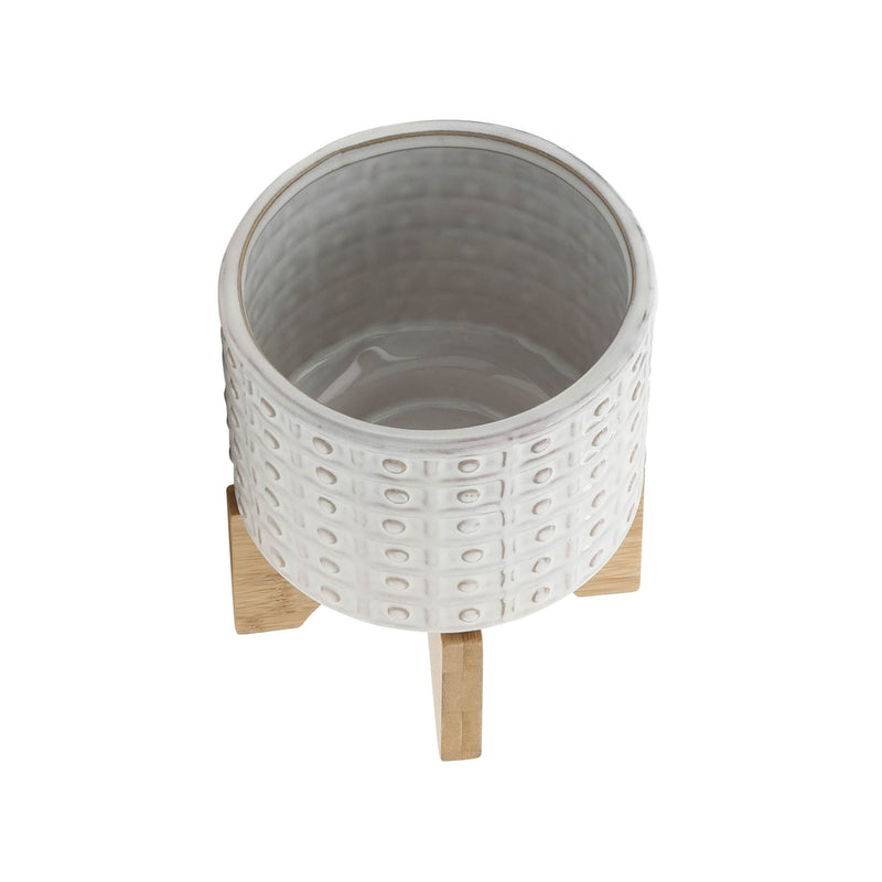 CERAMIC 5" DOTTED PLANTER W/WOOD STAND, IVORY - Al Rugaib Furniture