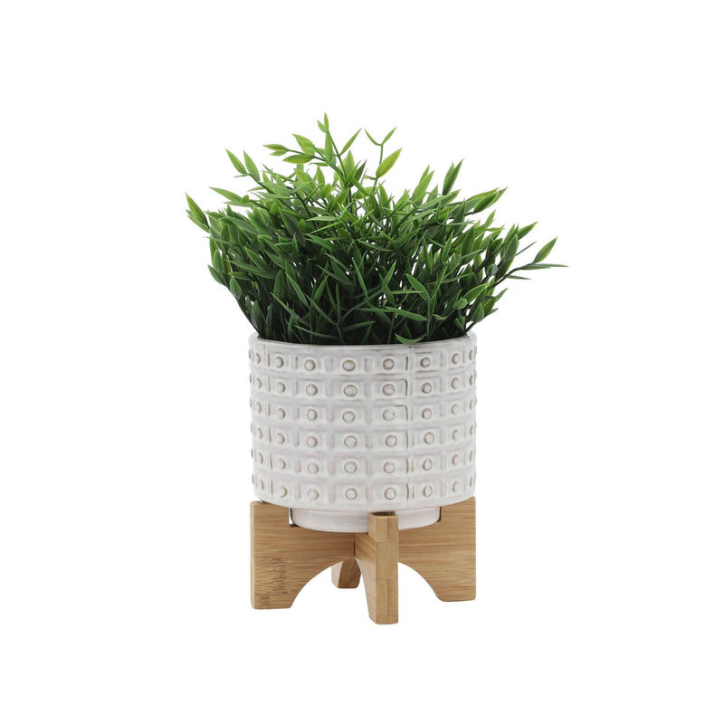 CERAMIC 5" DOTTED PLANTER W/WOOD STAND, IVORY - Al Rugaib Furniture